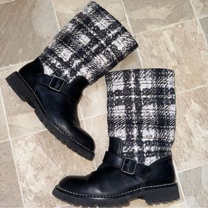 CHANEL Snow winter Tall Boots Tweed Pattern Shoes with belt Size 38.5